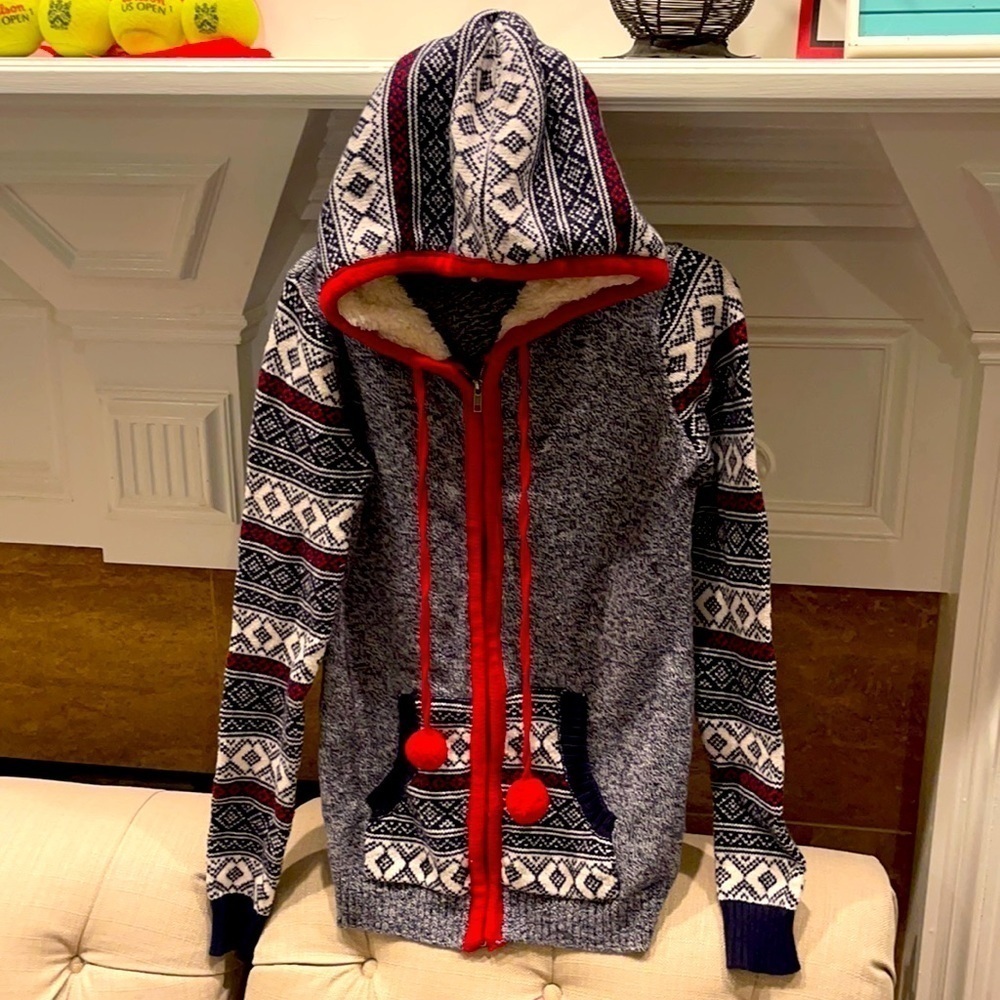 O: If it were me anthropology Sherpa lined hood jacket Women’s size S Fair isle